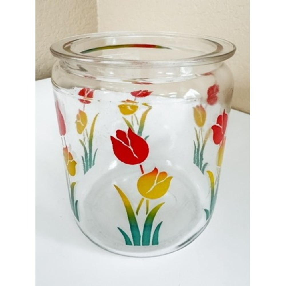 Anchor Hocking Tulip Design Glass Canister Vintage Retro Floral Jar No Lid